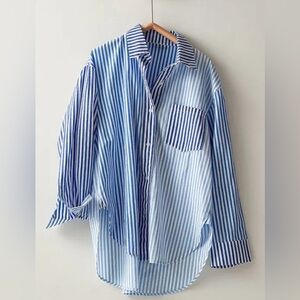 Colorblock Striped Collar Shirt - Blue Multi